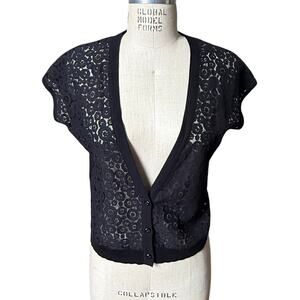 y2k August Silk Short Sleeve Lace Cardigan Sweater in Black Size Small